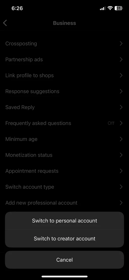 Switch to Creator Account Step 2