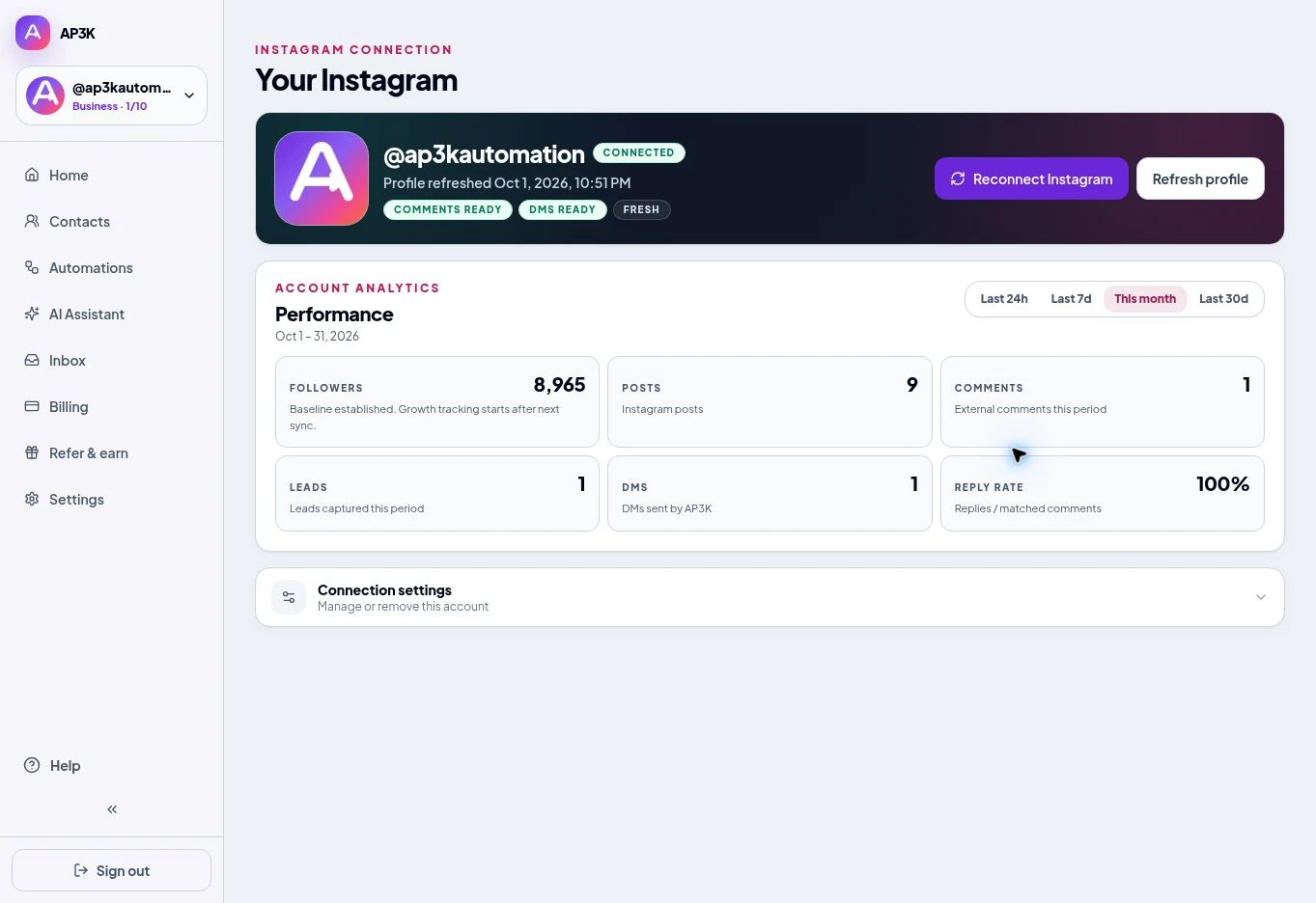 The connected @ap3kautomation account in AP3K.