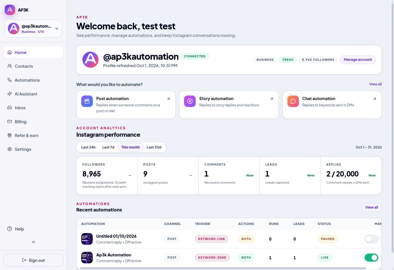 The AP3K dashboard with the connected @ap3kautomation profile.