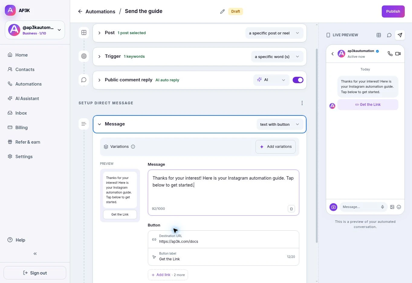 Write your DM, add the destination URL, and preview the Get the Link button.