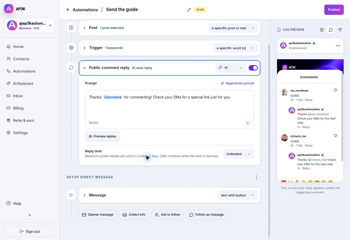 Configure AI public replies and the public reply limit in AP3K.